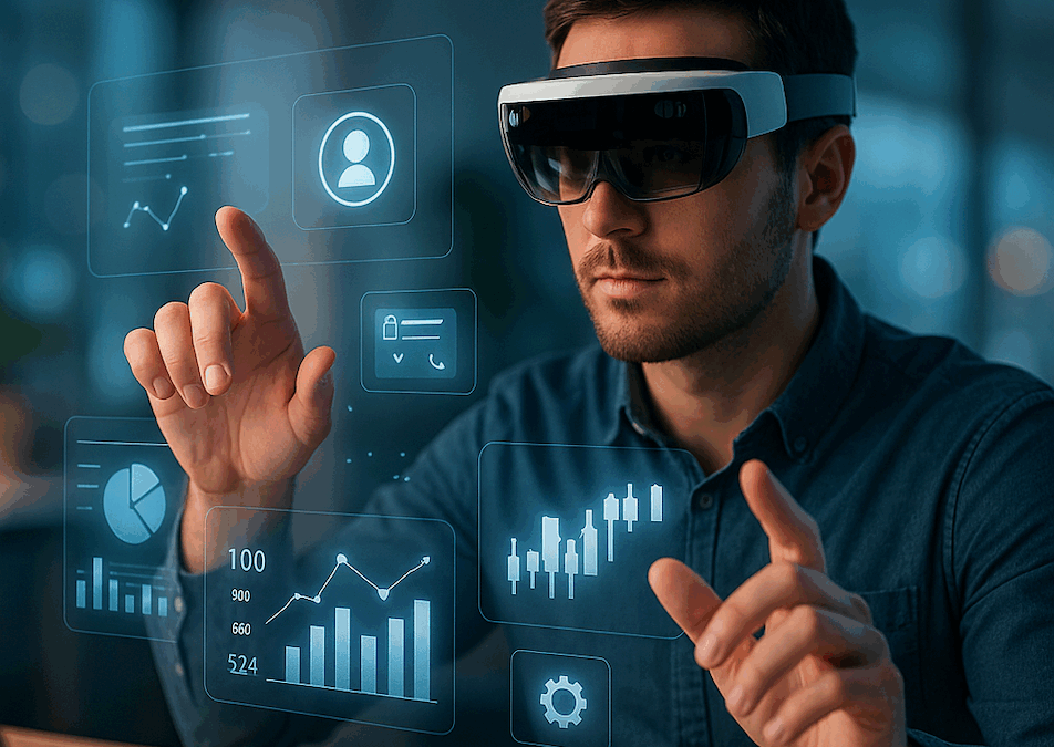 person wearing an augmented reality headset, standing in a modern tech environment and interacting with a floating digital interface